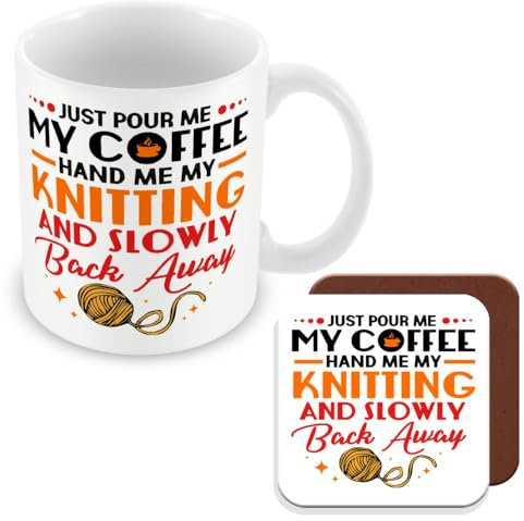 MUGGZ Mug & Coaster Gift for Knitting - Pour Me My Coffee Hand Me My Knitting and Back Away - Giftset - Made in The UK