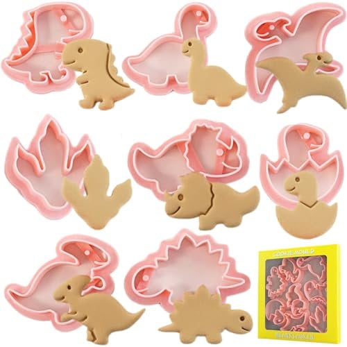 PTaizjjz Dinosaur Cookie Cutters Set, 8 Pcs Plastic Pastry Cutters, Biscuit Cutters for Kids, Dinosaur Party