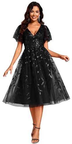 Ever-Pretty Prom Dress Leaf Sequin Short Sleeve Tulle Midi Wedding Guest Dress Black 20UK