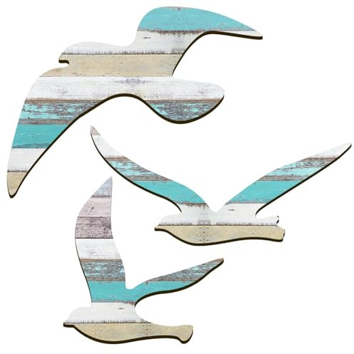 HINGTAI 3-teiliges Strand-Wanddekor, Wandkunst Holz Möwe deko, Stranddekorationen,Dekorationen mit Küstenmotiv, Strand-Möwendekor, Ozeandekorationen,stenskulpturen der seem?wen dekoriert sind