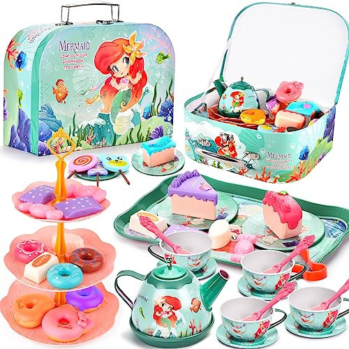 FAMKEEP 48PCS Service à Thé pour Enfants,Service à Thé Jouets, Dînette Enfant Accessoire Jeux de Cuisine,Jouet de Cuisine Faisant Semblant pour Enfants Filles 3 4 5 6 7 Ans