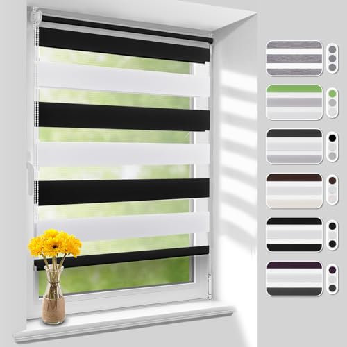 Homland Doppelrollo Klemmfix ohne Bohren B70 x H140 cm(Stoffbreite 65cm) Schwarz-Weiß, Duo Rollo, Rollo Klemmrollos lichtdurchlässig & verdunkelnd, Verstellbar Fensterrollo Sonnenschutz