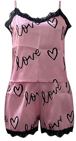 Pigiama Donna Cotone Leggero Set di Vestiti per la casa con Reggicalze in sminuzzata di Ghiaccio da Donna Set Pigiama Stampato con Morbido Set Pigiami Estivi Donna Inter Pigiama Adulto (Pink, L)