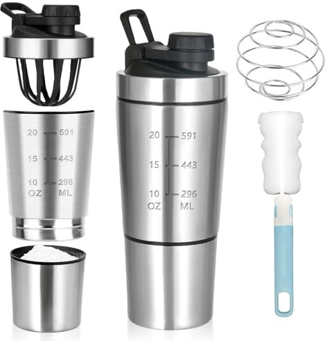 KBIBCK Shaker à Protéines en Acier Inoxydable, 600+200ML Shaker à Protéines de Fitness avec Compartiment à Poudre, Shaker Proteine en Acier Inox, Sport Fitness Shaker, pour le Sport, le Fitness
