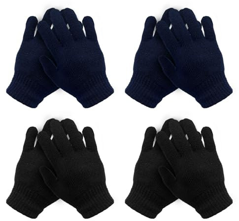 TUONYIS 4 Paar Magische Handschuhe für Kinder Winter Kinderhandschuhe Kinder Stretch Fäustlinge Warme Strickhandschuhe für Mädchen Jungen Alter 5–11 Jahre (Schwarz, Marineblau）