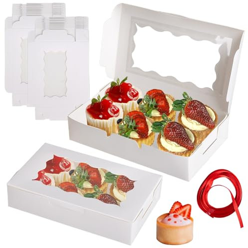 Velicber 20 Stück Weiße Papier Cupcake Box, Cupcake Transportbox Karton, Keksschachtel mit Sichtfenster, Muffin Box mit Rote Schleife, für Kekse Kuchen Geschenke Dessert, 17.8 x 11 x 3.8 cm