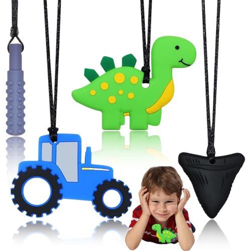 Brateuanoii 4 Stück Silikon Kauen Halskette, Sensorische Kauhalskette für Kinder, Autismus Spielzeug für Jungen und Mädchen, Silikon Sensory Baby Kauspielzeug für Kinder Kauspielzeug mit ADHS, Zahnen
