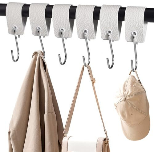 XHTXHT 6 Stück S Haken mit Lederschlaufe,haken für Kleiderstange Haken Garderobe Kleiderhaken Edelstahl für Garderobe Küche Badezimmer Camping（weiß）