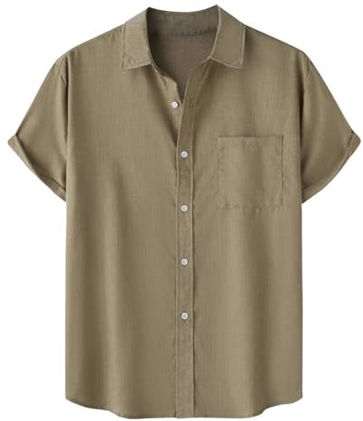 Men's Short Sleeve Oxford Shirt Regular Fit Button Down Collar Shirts with Pocket Classic Button Basic Solid Color Designed Collared Tshirts Blouses (Hawaiian Shirt Beach Shirt Mens Khaki, 3XL)