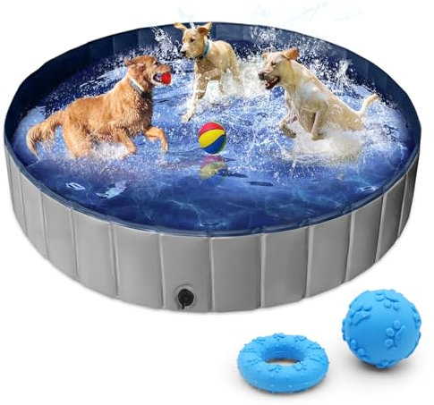 Pataugeoire extra large pour chien 160 cm – Piscine pliable robuste avec valve de vidange et jouets à mâcher | Bain extérieur antidérapant pour plusieurs chiens/enfants | Essentiel de jardin et de