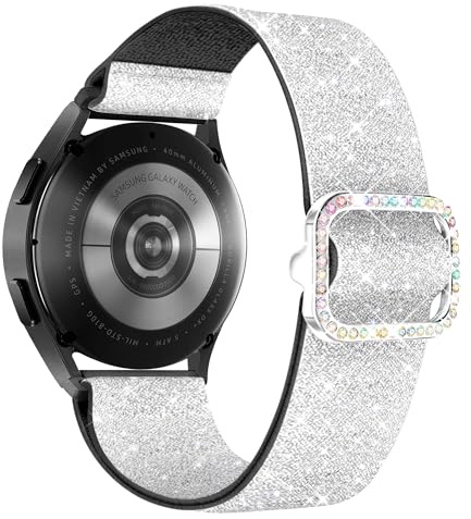 Vamyzji für Samsung Galaxy Watch 7 6 5 4 FE 40mm 44mm Armband, Damen Glitzernd Stretchy Nylon Galaxy Watch Armbänder für Samsung 6 4 Classic/5 Pro/Active 2 Silber