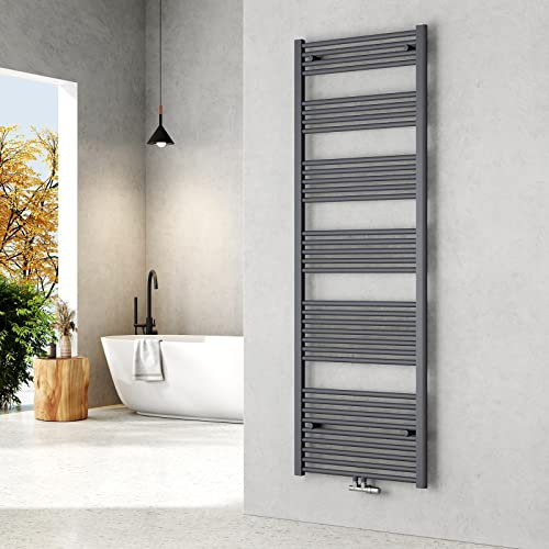 EMKE Radiador de Baño 180 x 60 cm, Toallero de Agua Caliente con Conexión Central, Calienta Toallas de Pared, Antracita, 860W,Toallero Baño,Instalación Sencilla