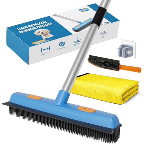 Rubber Brush Pet Hair Removal Broom with Squeegee,Rubber Broom with 149cm Multi-section Stainless Steel Handle for Pet Cat Dog Hair Removal Carpet Windows Clean, Window, Tile, Hardwood Floor Cleaning