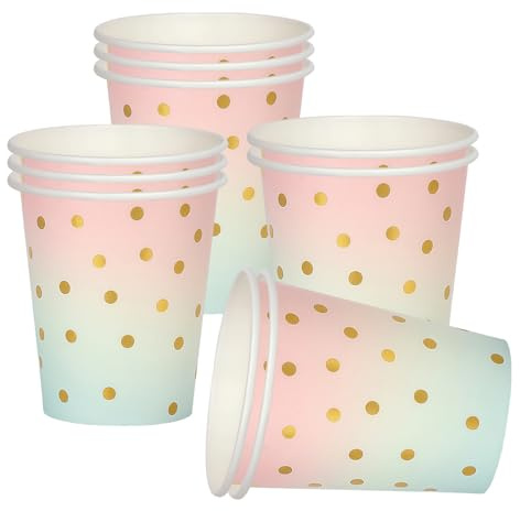 RONGZUBAT Gradient Gold Polka Dot Paper Party Cups 10 Pack, 9oz 250ml Disposable Drinking Cups for Birthday Wedding Baby Shower Picnic Hot Cold Drinks