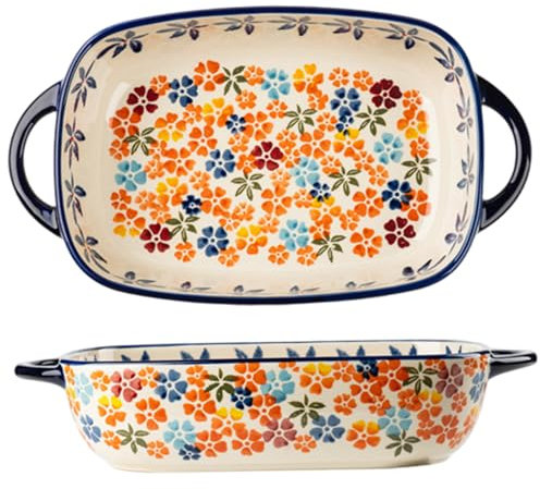 Platos de cacerola para horno, plato de cerámica rectangular de 13x7.5x3 pulgadas para hornear con orejas, resistente al calor, es fácil de limpiar una ban