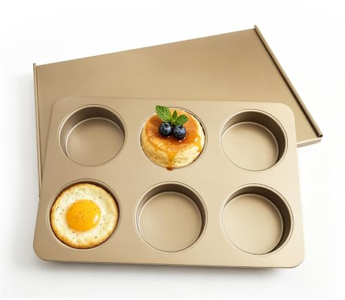 JSJMOFA 6 Cup Muffin Top Pan for Baking, Nonstick Hamburger Bun Pan, Straight Side English Muffin Cupcake Pans with Lid, Jumbo Muffin Pans for Baking Egg Sandwich Quiche Pancake, Gold (Round Shape) | 3.35 English Muffins, 2-in-1Nonstick Hamburger Burger Bun Mold Muffin Pan for Baking Egg Sandwich Quiche Pancake