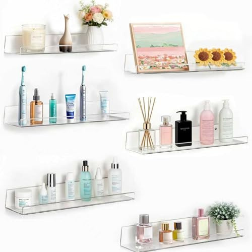 Acrylic Floating Shelves for Wall Mounted Shelf, Bedroom Bathroom 6pc | Rustic Shelfs for Walls, Long Shelving Display Book Picture Small Trinket, Kitchen Room Living Room Office Decor