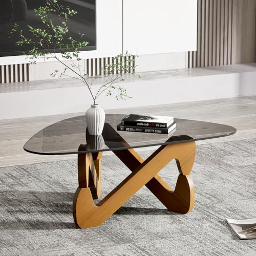 Dreieckiger Glas-Couchtisch, Modern Couchtisch mit dreieckigem Massivholzsockel und verdicktem gehärtetem Glas, Beistelltisch,Ausgefallene Kaffeetisch für Wohnzimmer Büro,82*57*35cm (Grau)