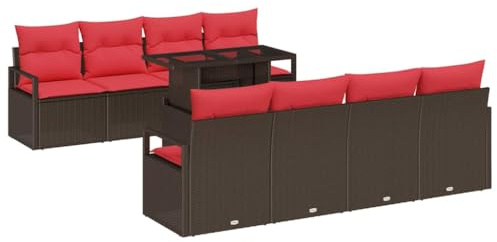 vidaXL Gartensofa-Set mit Speicher 9 pcs Braun und Rot Poly-Rattan, Garten- und Terrassenmöbel, modulares Sofaset, Bequeme Lounge, langlebig und UV-beständig, ideale Sitzgelegenheit für die Terrasse
