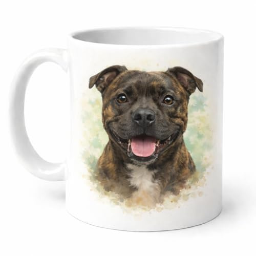 Brew Crew Gifts Staffordshire Bull Terrier Mug, Watercolour Portrait Design, White Ceramic Coffee Cup for Dog Lovers