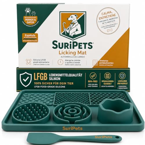 SuriPets Schleckmatte Hund & Katze mit Napf – LFGB Silikon Lick Mat mit Saugnäpfen – Slow Feeder gegen Schlingen, Stress & Langeweile – inkl. Spatel – BPA frei & spülmaschinenfest