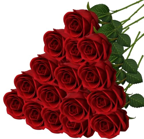16 Stück Rot Künstliche Rosen, 50 cm Künstblumen Seidenblumen Rosen Deko | Hochwertige Kunstrosen Für Hochzeit, Tischdekoration Valentinstag, Realistische Optik Ohne Verwelken für DIY Hochzeitsfeier