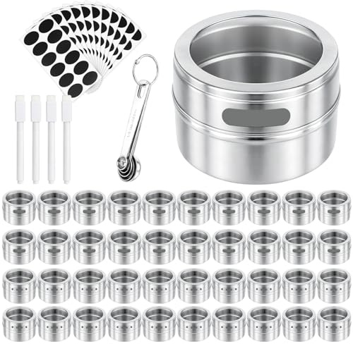40 Stück Gewürzdosen Magnetisch aus Edelstahl, 89ml / 3oz Magnetische Gewürzbehälter mit Sichtfenster, 10 Blatt Etiketten, 4 Stifte & 5 Messlöffel, Gewürz Organizer für Küche, Kühlschrank & Grill