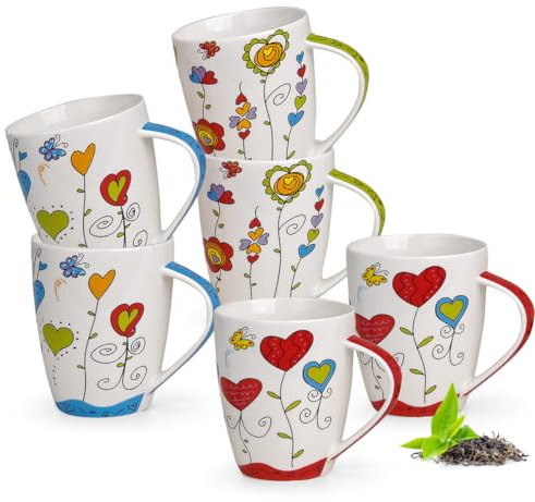 Tassen 6er Set in rot, blau, grün mit Herzen - Moderne 300ml Keramik Kaffeebecher für Cappuccino, Kaffee, Tee - Außergewöhnliche Teetassen spülmaschinenfest und mikrowellengeeignet als Geschenk