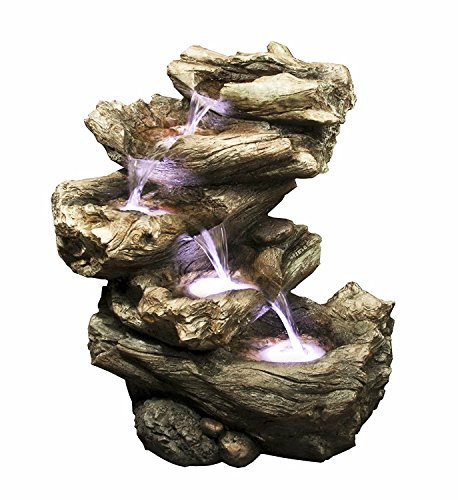 Meadow Log Fountain - Cascading Waterfall Garden Fountain with LED Lights. Realistic Water Feature with Low Splash Design. Pump Included.
