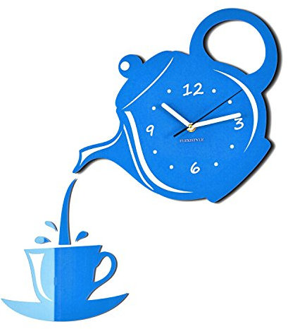 FLEXISTYLE z52-5 Modern Kitchen Wall Clock Cup and Pot 45cm x 45cm 3D Silent Design Made in EU (Blu)