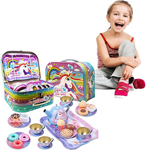 Kidoloop Kids 26 PCs Tin Tea Set Kitchen Set Pretend Play Cookies Dessert Snacks & Teapot for Children Party Role Play Unicorn Toys Indoor Game Boys & Girls Cups Saucer Tray with Box Gift