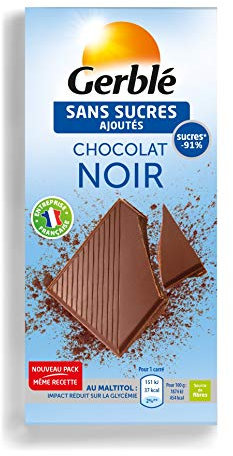 Gerblé Sans Sucres Ajoutés, Tablette de chocolat noir, Source de fibres, 80 g, 187509, 1 Unité