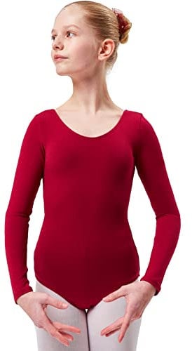 tanzmuster ® Ballettanzug Mädchen Langarm - Lilly - aus Baumwolle, Ballettbody Kinder Ballett Trikot in burgunder, Größe 164/170