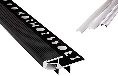 T-40 20° LED Alu Fliesenprofil Treppenprofil Stufen 12mm schwarz + Abdeckung Abschlussleiste Fliesen für LED-Streifen-Strip 2m opal