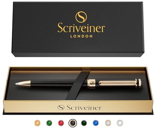 Scriveiner Black Lacquer Ballpoint - Stunning Luxury Pen, Real Gold Plating, Schmidt Black Refill, Best Ball Pen Gift Set for Men & Women, Professional Executive Office, Nice Fancy Designer Pens
