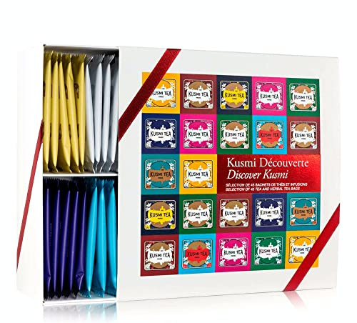 Kusmi Tea – Kusmi-Kennenlernset – Auswahl von schwarzen, weißen und grünen Tees sowie Kräutertees – 45 Musselin-Beutel mit aromatisierten Tees