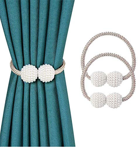 SUOXU Vorhang-Raffhalter, 2 Stück magnetische Vorhang-Raffhalter, Perlenkugel Vorhang-Clips, Seil-Halterung Schnallen für Zuhause, Büro, dekorativ (Beige