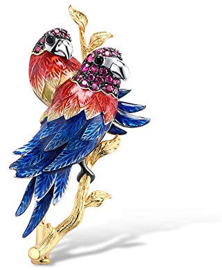 Namana 925 Sterling Silber Brosche für Frauen, Gold Damenbrosche in einem Papagei-Paar Design mit Emaille-Details und roten Zirkonia Steinen, Gold Brosche für Frauen mit Geschenkbox