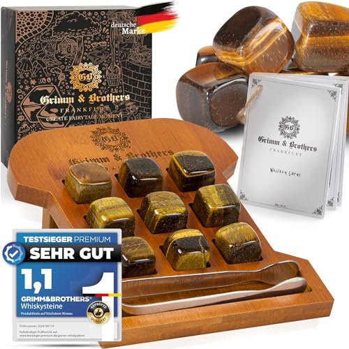 Whiskey Steine Set- 9 Tigeraugen Steine- Graviertes Bambus Gestell- Kühlsteine- Whisky Geschenke für Männer- Wiederverwendbare Eiswürfel- Whiskey Stones- Whisky Geschenkset