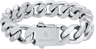 KRKC&CO 14mm Cuban Armband, Weißgold Beschichtet Panzerkette, Kubanische Gliederarmband, Silber Edelstahl Hip Hop Schmuck für Herren Jungen 20cm