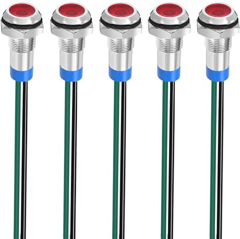 Gebildet 5 Stück 8mm 3V-4.5V-5V-6V-7.5V-9V LED Metall Kontrollleuchte wasserdichte Signallampe Pilot Dash mit Draht (Rot)