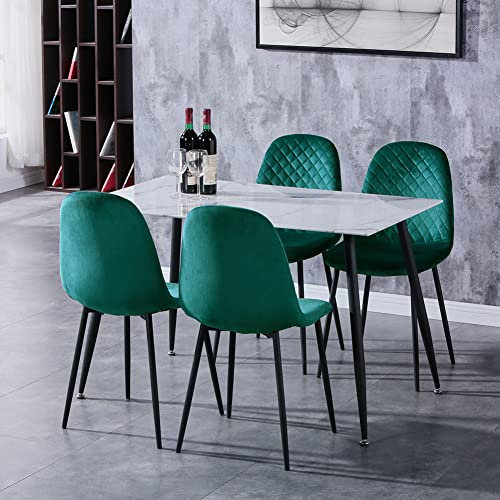 GOLDFAN Esstisch mit 4 Stühlen Set Rechteckiger Esstisch Glas Marmor Moderner Küchentisch Set Esszimmerstuhl Samt Küchenstuhl 110cm Schwarz und Grün