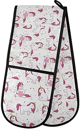 Pink White Magical Unicorns with Yellow Stars Pink Heart on White Double Oven Mitt Gloves Extra Long Potholder High Heat Resistant for Baking Cooking Baking Grilling Handling Hots Pans 35x7