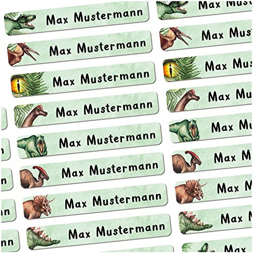 72 Stück personalisierte Namensaufkleber für Schulsache. Für Kinder Schule und Kindergarten zum Markieren von Gegenständen (T-Rex Dinosaurier) Maße 4,9 x 0,75cm