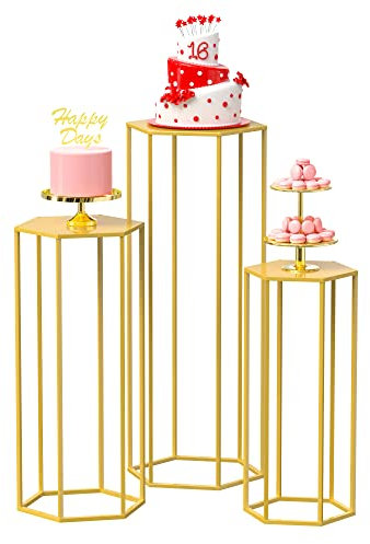 Wokceer Gold Pedestal Stand Cylinder Stands for Party Set of 3 Nesting Display Cylinder Tables for Parties Wedding Living Room Patio Decor