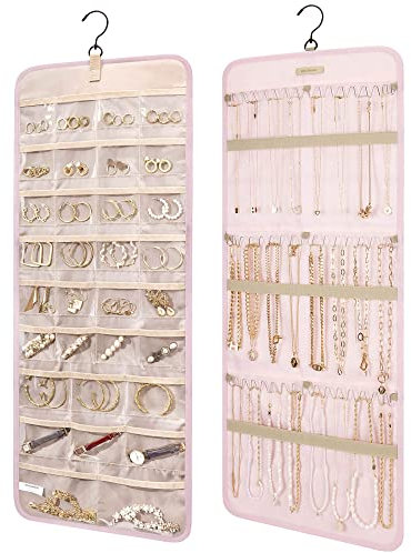 bagsmart Schmuck-Organizer zum Aufhängen, Aufbewahrungsrolle mit Aufhänger, Metallhaken, Doppelseitiger Schmuckhalter für Ohrringe, Halsketten, Ringe an Schrank, Wand, Tür, 1 Stück, Groß-Rosa