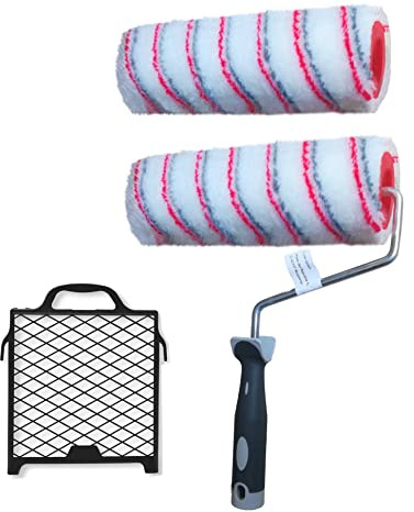 Profi 2 x Malerrolle 1x Haltebügel 1x Abstreifgitter Malerwalze Farbrolle Maler Walze Rolle 25cm lang14mm Flor WZG