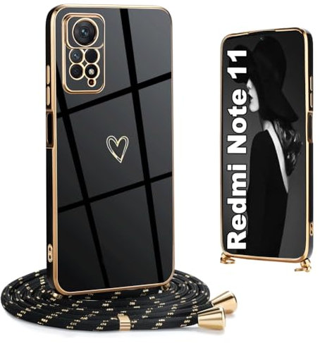 Hülle kompatibel Xiaomi Redmi Note 11 4G /Redmi Note 11S 6.43 Hülle mit Band, Galvanik TPU Silikon Ultra Dünn Stoßfeste Schutzhülle mit Einstellbar Handykette für Redmi Note 11 4G Hülle, Schwarz