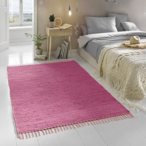 TacaHome Flicken-Teppich 100% Baumwolle I Waschbarer Fleckerl mit Fransen I Esszimmer Küche Badezimmer Wohnzimmer Kinderzimmer | 60 x 120 cm Berry