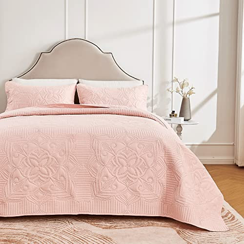 beeweed Tagesdecke Bettüberwurf 220x200cm Rosa, Bedspreads aus Mikrofaser, Quilt Überwurf Bett Überwurfdecke leicht, Steppdecke bei Ultraschall genäht mit 2 Kissenbezug, Blumenmuster